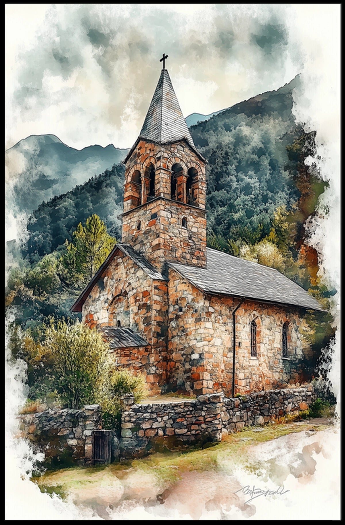 Andorra Romanesque Church Village Scene Poster