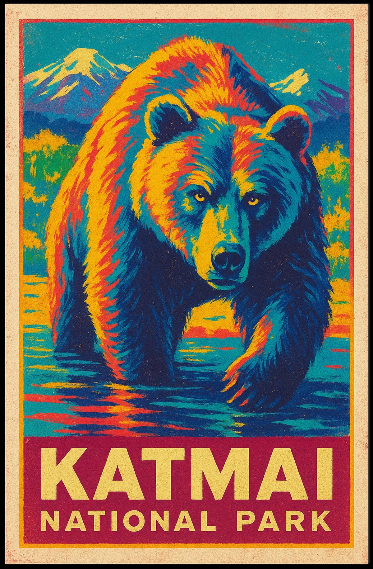 Katmai National Park Vintage Bear Adventure Wildlife Poster