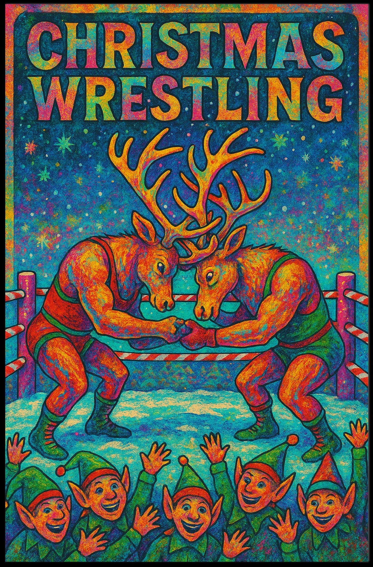 Reindeer Wrestling Festive Poster: Whimsical Holiday Art