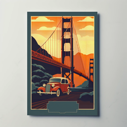 Golden Gate Bridge Vintage Car Drive Travel Poster