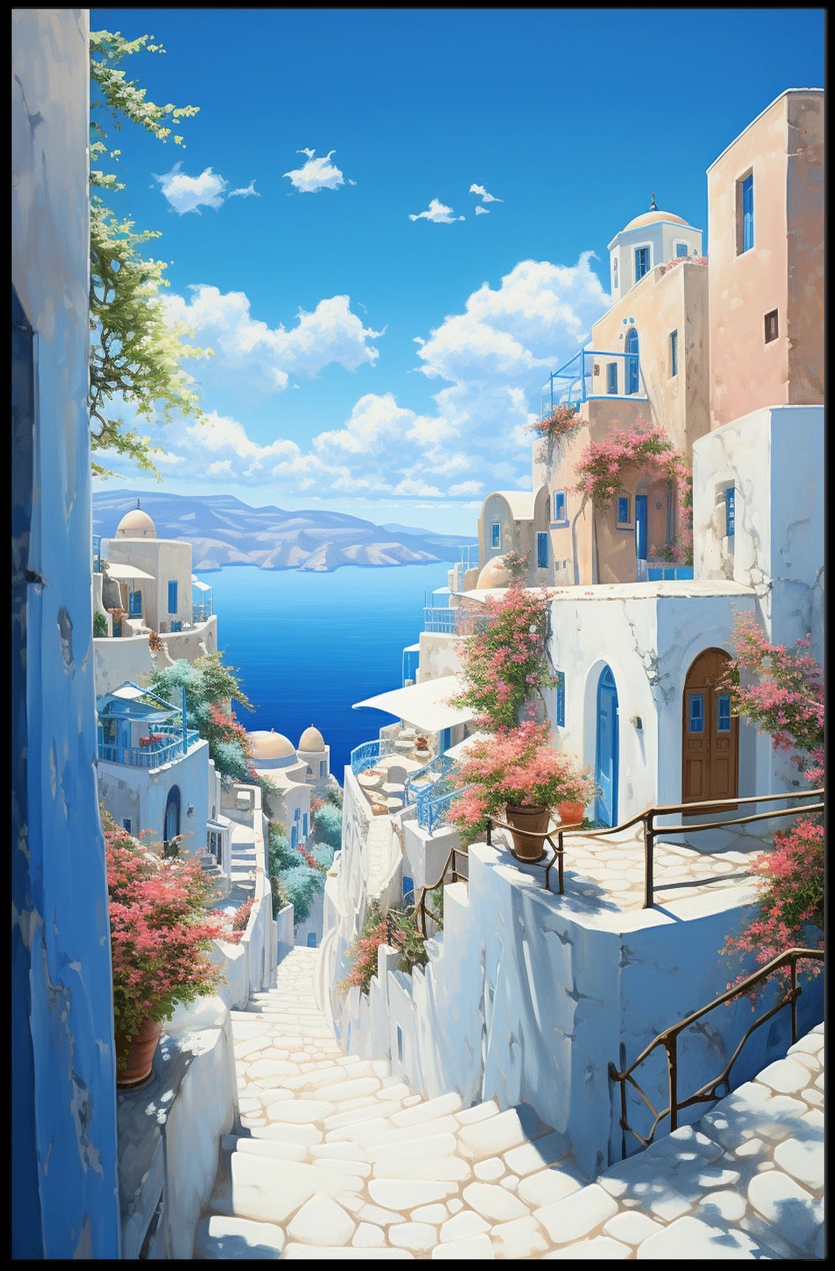 Santorini-Inspired Coastal Village Travel Poster