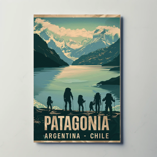 Patagonia Hiking Silhouettes Mountains Glacier Lake Travel Poster