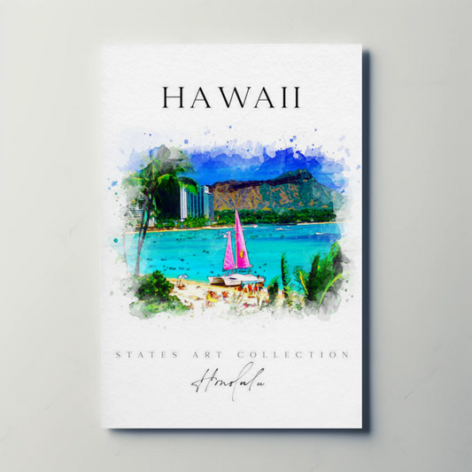 Hawaii Honolulu Sailboat Watercolor Skyline Poster