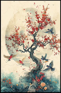 Cherry Blossom Harmony: Birds in Tranquil Flight PosterGoat