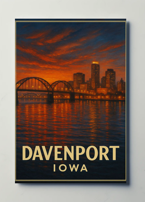 Davenport Iowa River Skyline Sunset Travel Poster