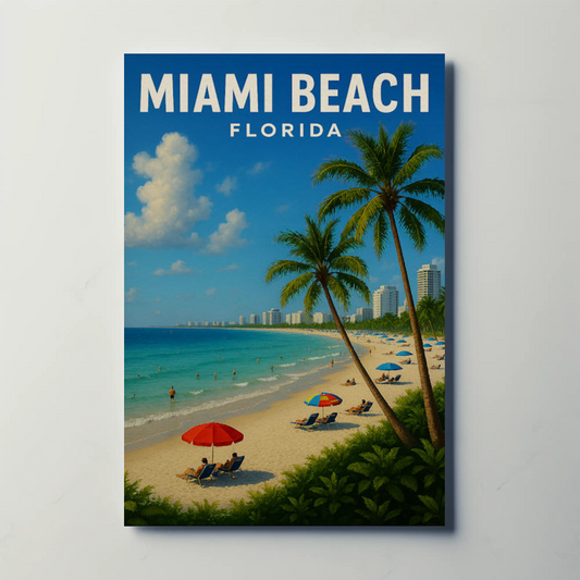 Miami Beach Florida Coastline Umbrellas Hotel Skyline Poster