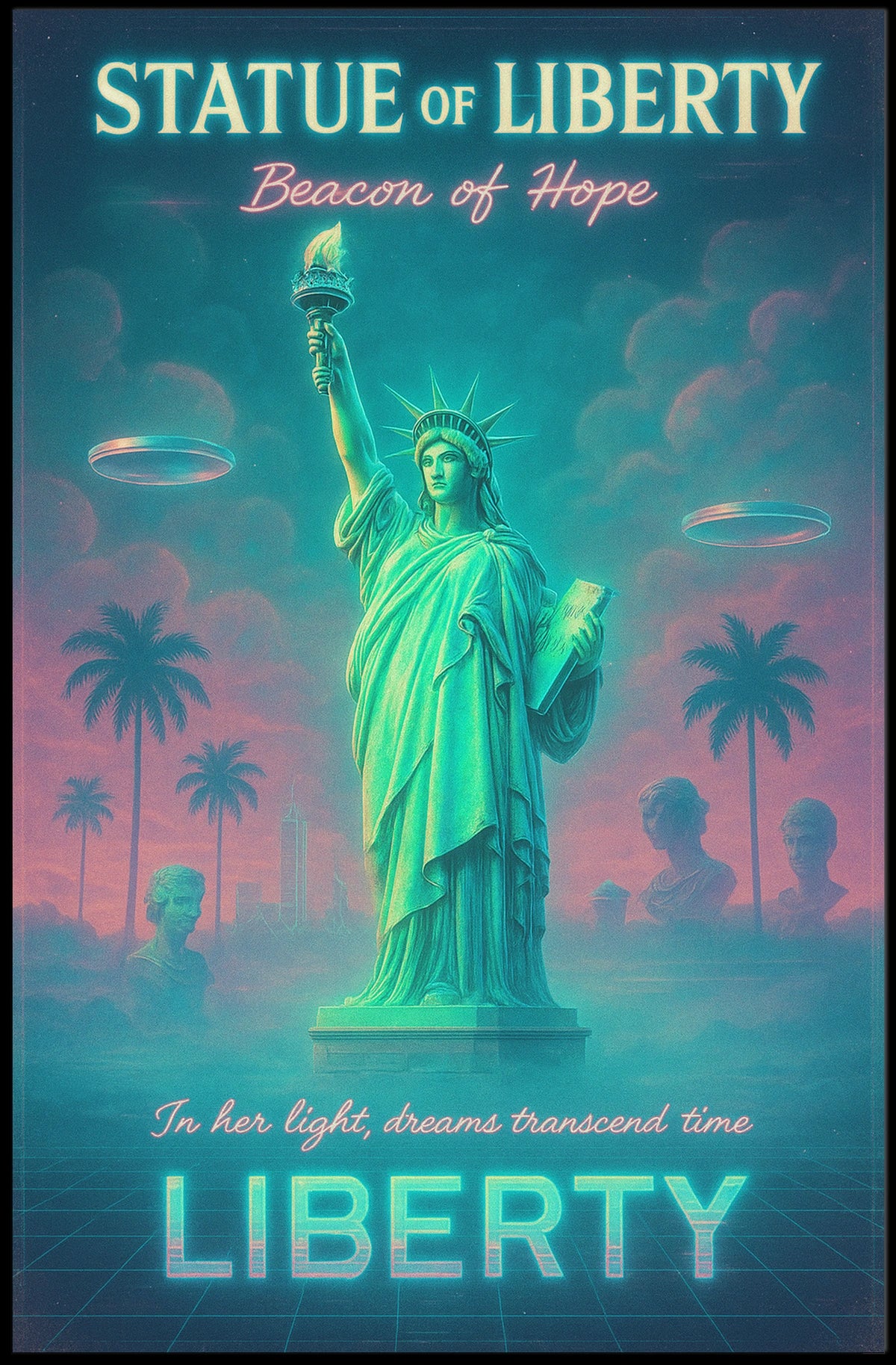 Liberty in Neon Dreams Futuristic Sci-Fi Poster