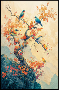 Serene Birds on Blossoming Tree Art Poster PosterGoat