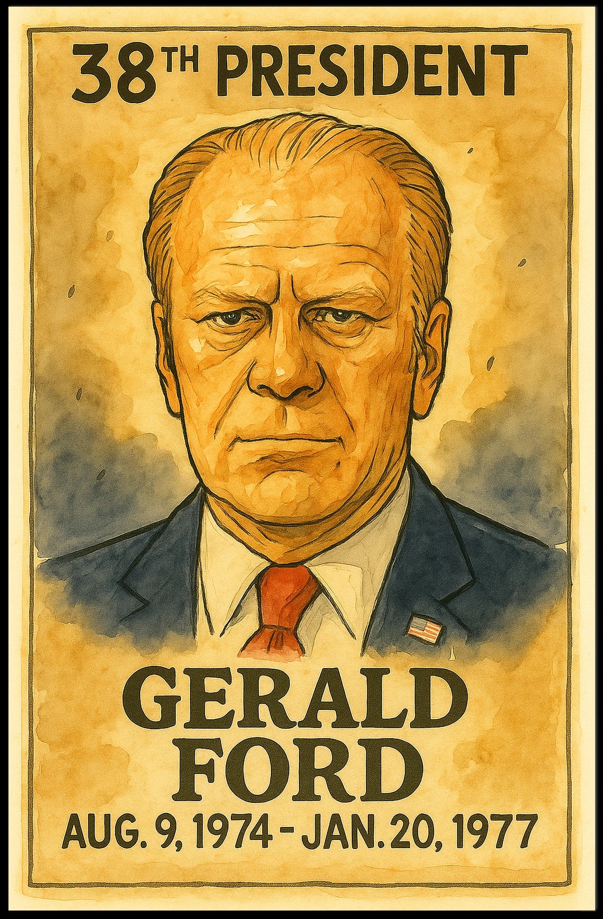 Gerald Ford 38th President of the United States Exaggerated Cartoon Sketch Poster