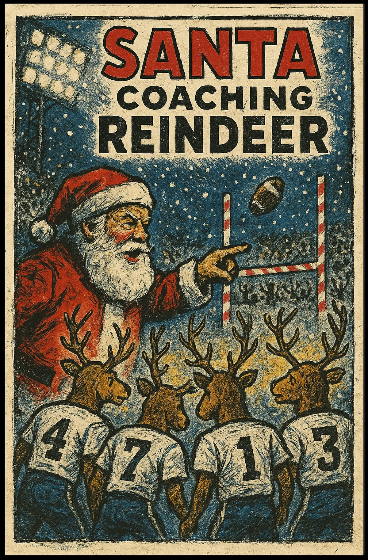 Santa's Reindeer Football Team Vintage Poster
