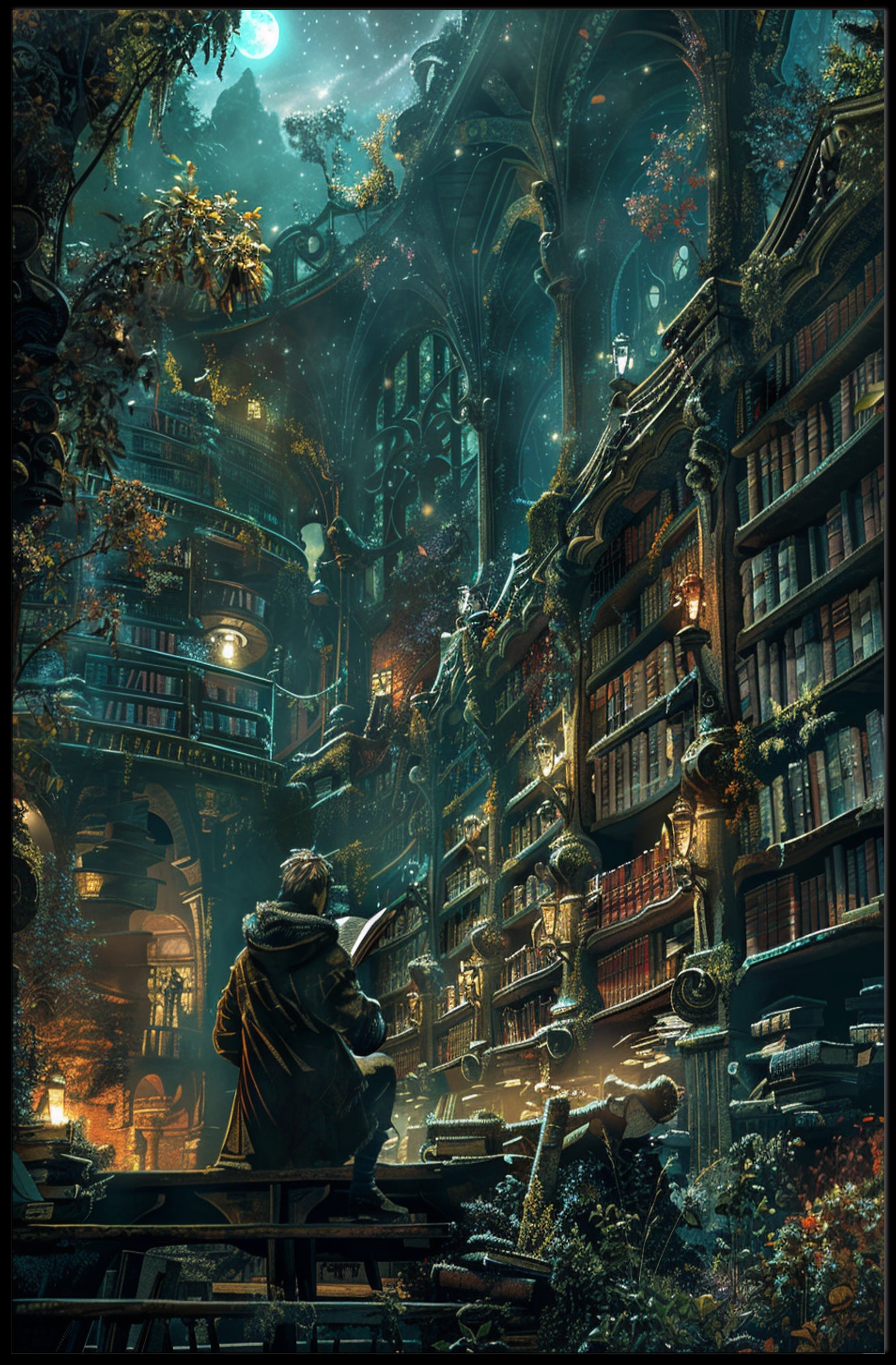 Enchanted Library Scene Under Celestial Night Fantasy Poster PosterGoat