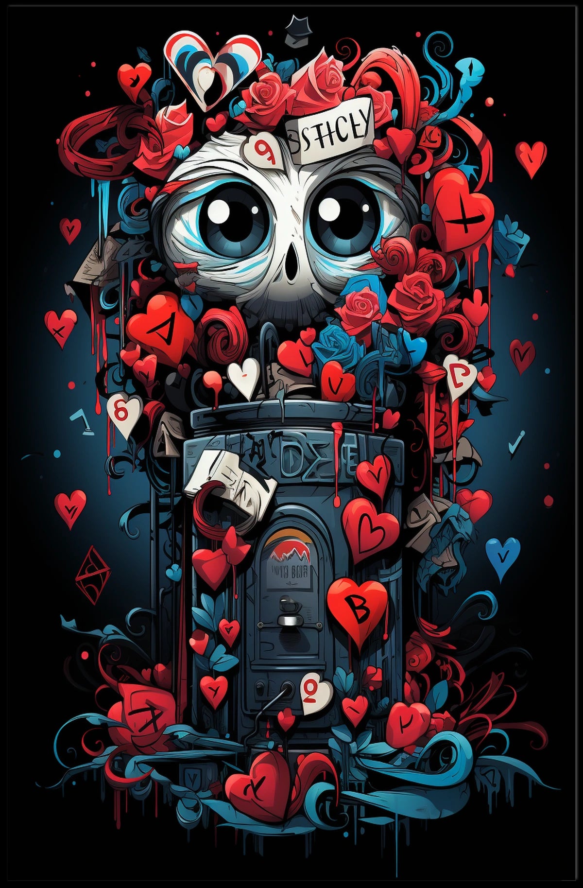 Whimsical Skull Art Poster with Hearts & Roses