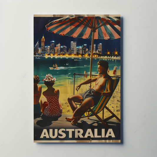 Australia Beach City Night Relaxing Scene Vintage Travel Poster