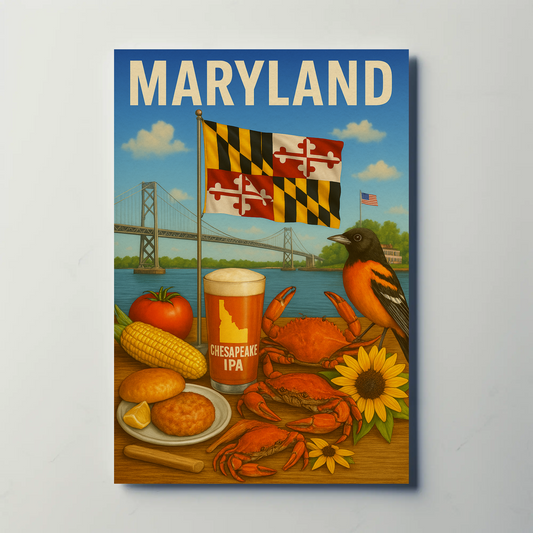 Maryland Crab Bridge Beer Corn Bird Flag Travel Poster