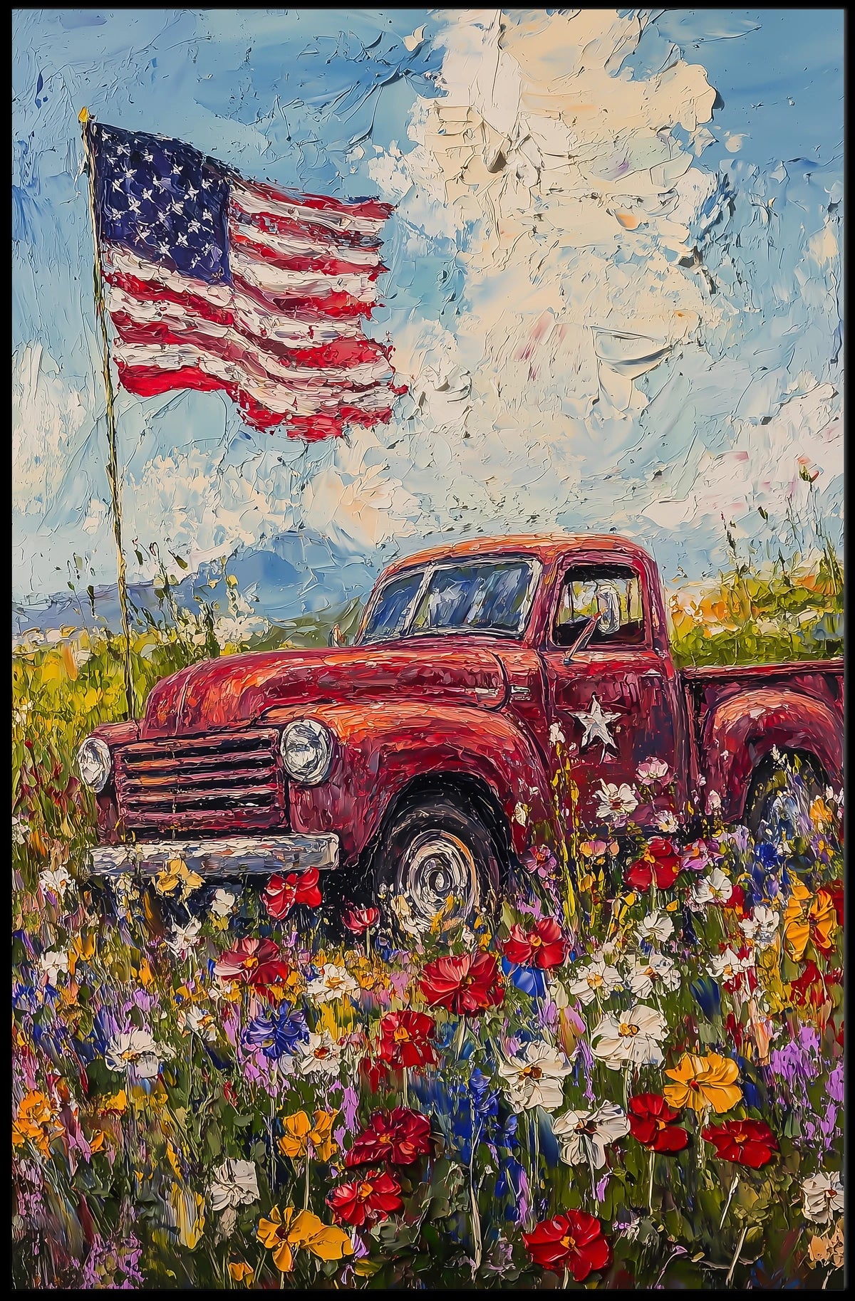red pickup truck parked in a flower Poster