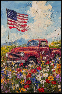red pickup truck parked in a flower Poster