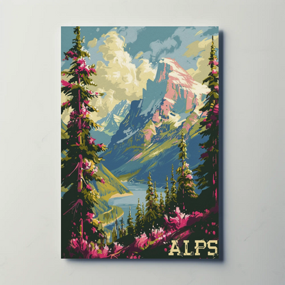 Alps Pink Flowers Lake Valley Peaks Travel Poster