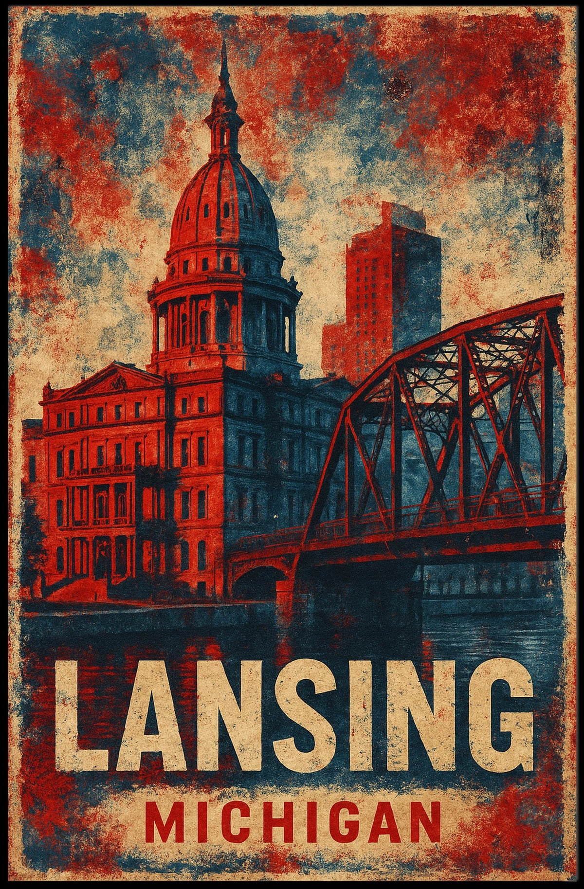 Lansing Cityscape Retro Typography Collectors Poster