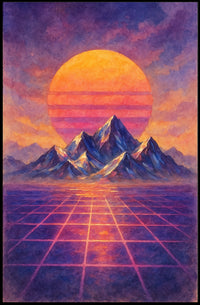 Vibrant Retro-Futuristic Sunset Over Mountains Futuristic Sci-Fi Poster