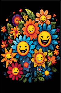 Joyful Floral Faces: Whimsical Art Poster Print