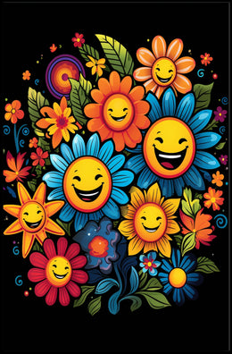 Joyful Floral Faces: Whimsical Art Poster Print
