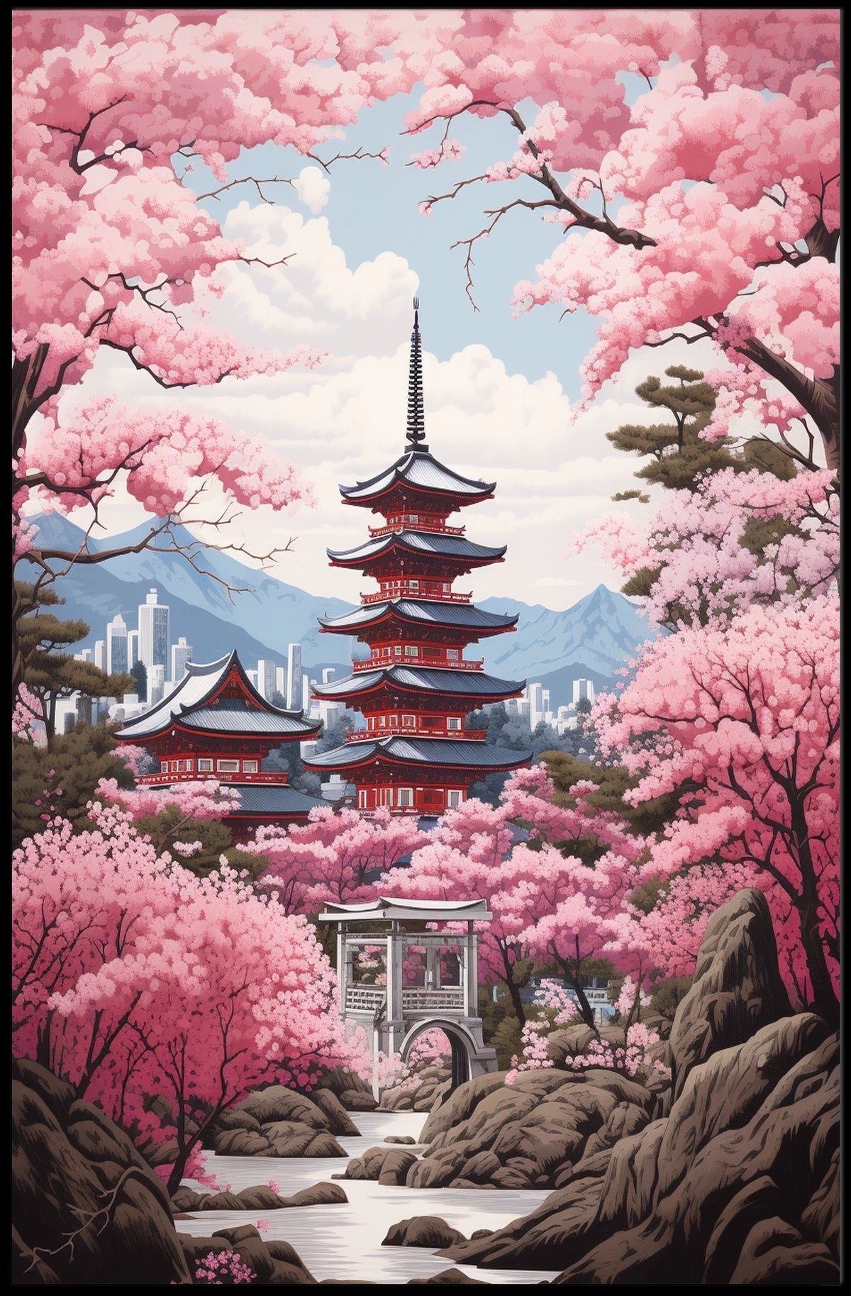 Cherry Blossom Pagoda Springtime Cultural or Heritage Poster