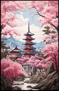 Cherry Blossom Pagoda Springtime Cultural or Heritage Poster
