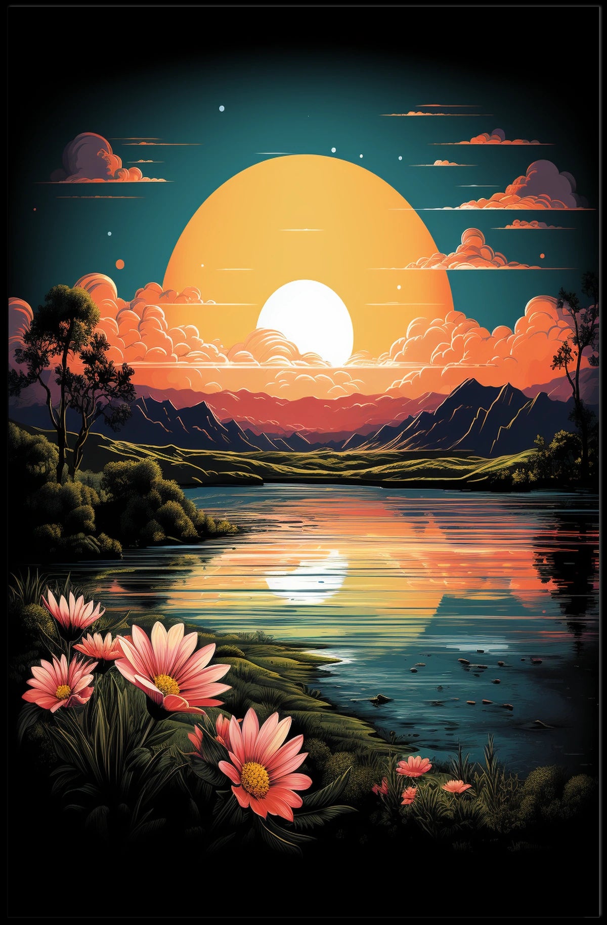 Tranquil Sunset Over Floral Landscape Poster