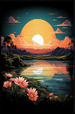 Tranquil Sunset Over Floral Landscape Poster