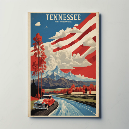 Tennessee Mountains Road Classic Car Vintage Travel Poster