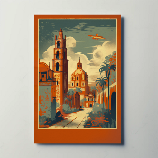 Colonial Cathedral Landmarks Courtyard Palms Plane Travel Poster
