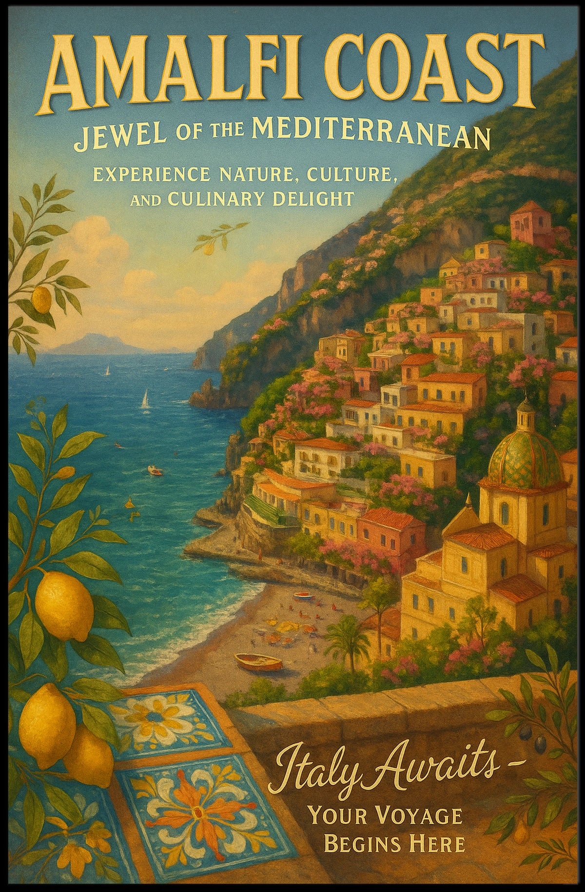 Amalfi Coast Vintage Travel Poster: Mediterranean Charm