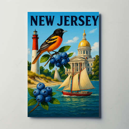 New Jersey State Symbols Blueberries Sailboat Bird Travel Poster Travel Poster