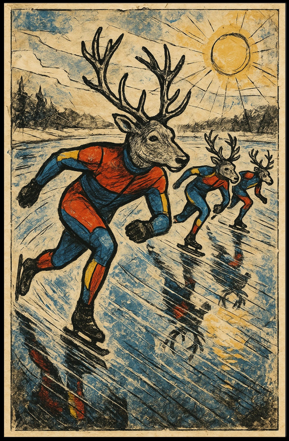 Whimsical Deer Ice Skating Vintage Art Poster