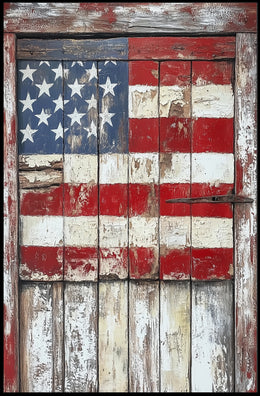 wooden barn door with faded American flag Poster