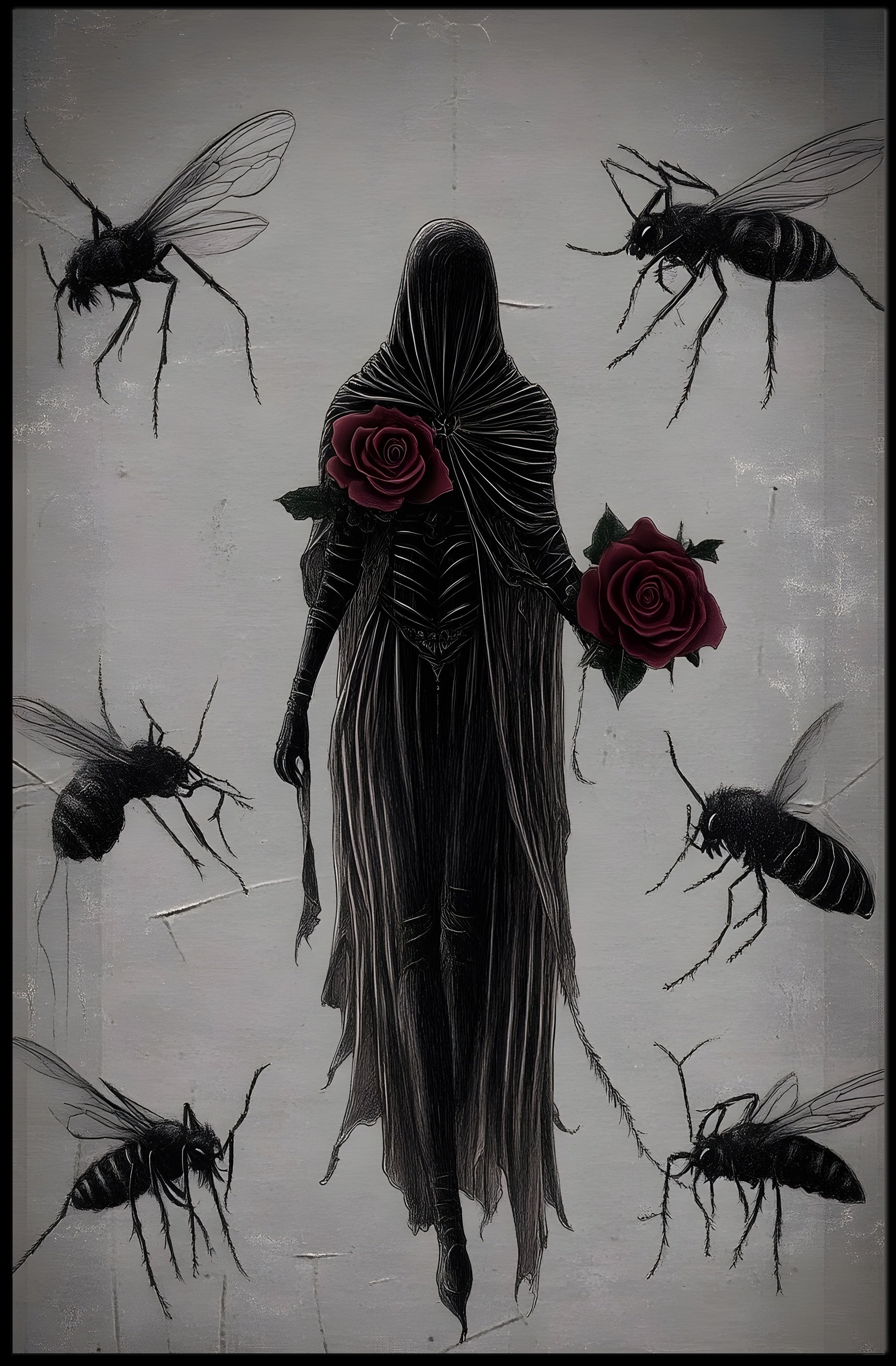 Mysterious Hooded Figure with Red Rose Artistic Poster PosterGoat