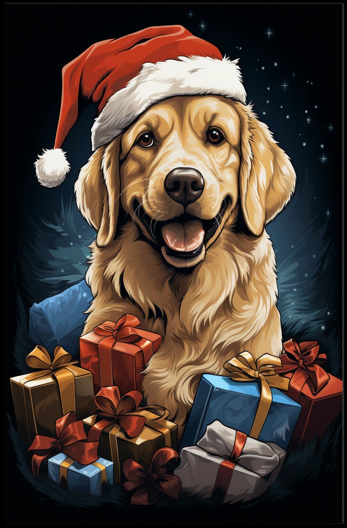 Golden Retriever Christmas Poster with Santa Hat