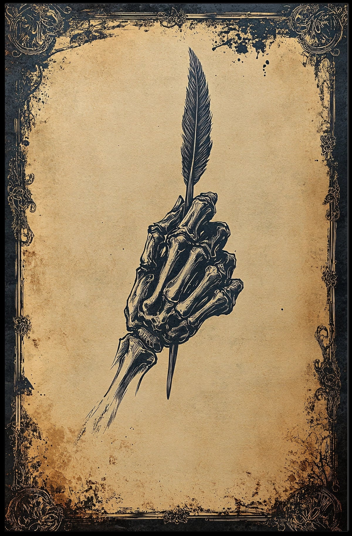 Macabre Skeleton Quill Design Art Print Poster