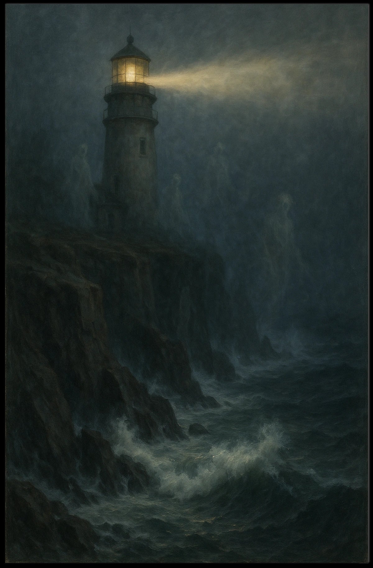 Lighthouse Mystery Eerie Coastal Night Artful Expressionism Moody Seashore Beacon Poster