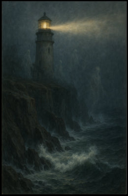 Lighthouse Mystery Eerie Coastal Night Artful Expressionism Moody Seashore Beacon Poster