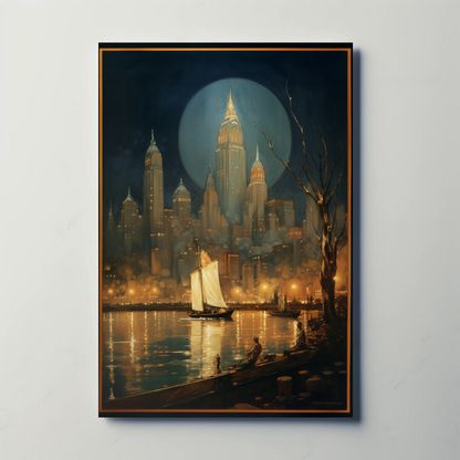 New York City Night Lights and Boat Travel Poster