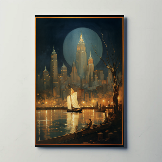 New York City Night Lights and Boat Travel Poster
