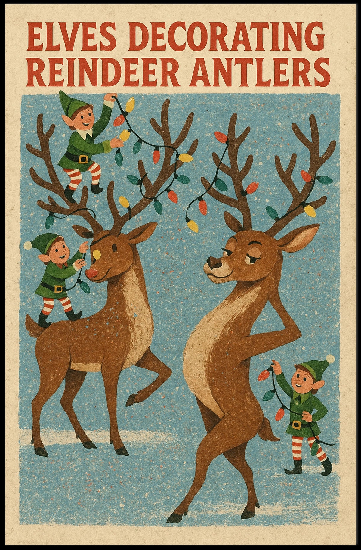 Elves Decorating Reindeer Antlers Poster