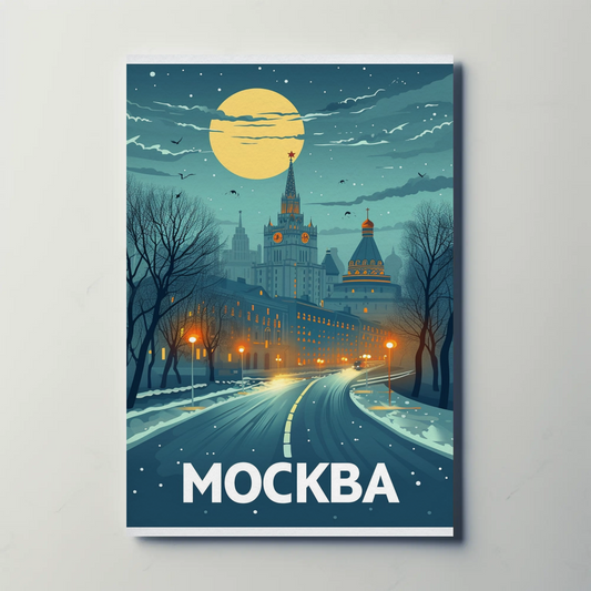 Moscow Russia Winter Night Skyline Travel Poster