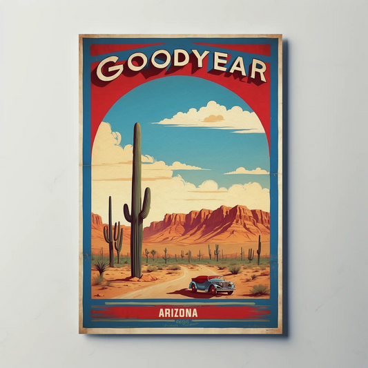Goodyear Arizona Desert Roadster Mountains Vintage Travel Poster