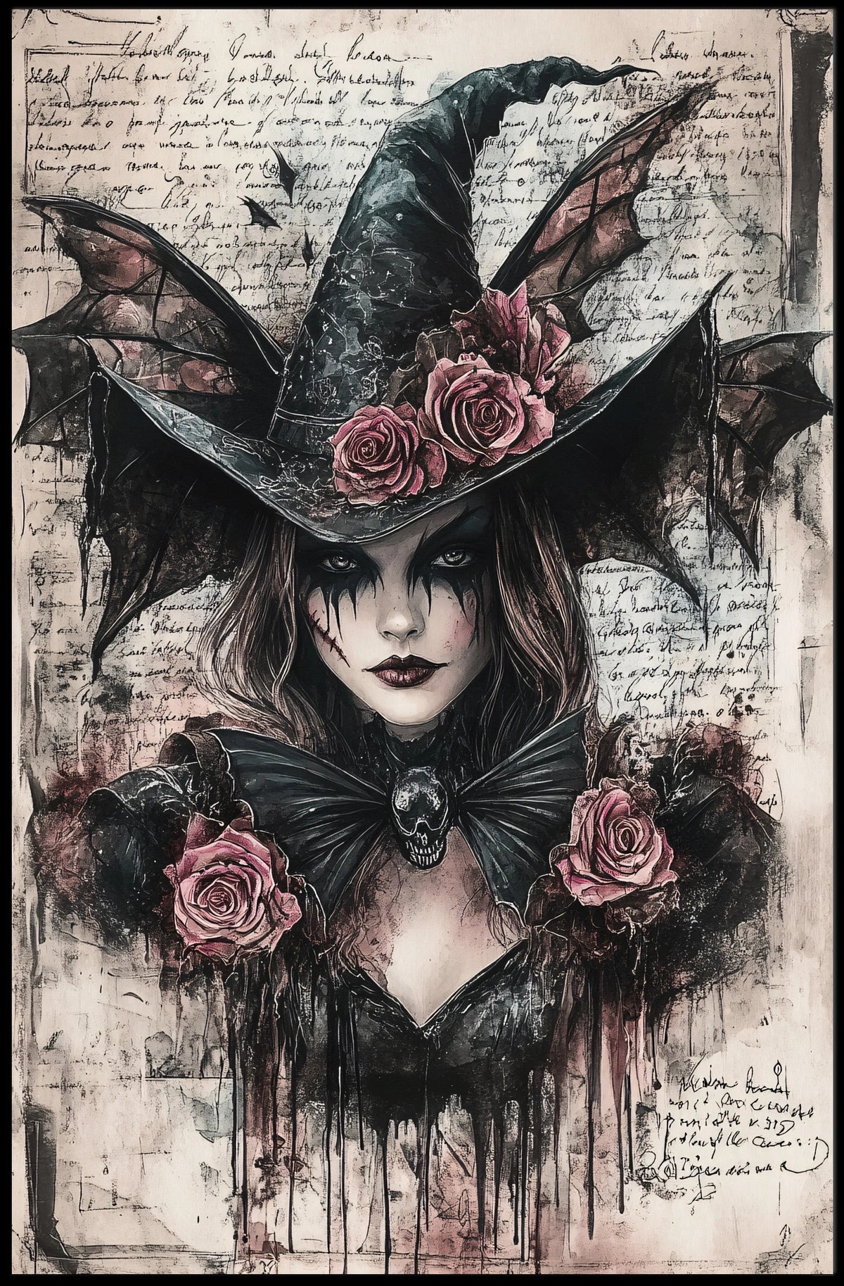 Mystical Witch in Gothic Roses Art Poster