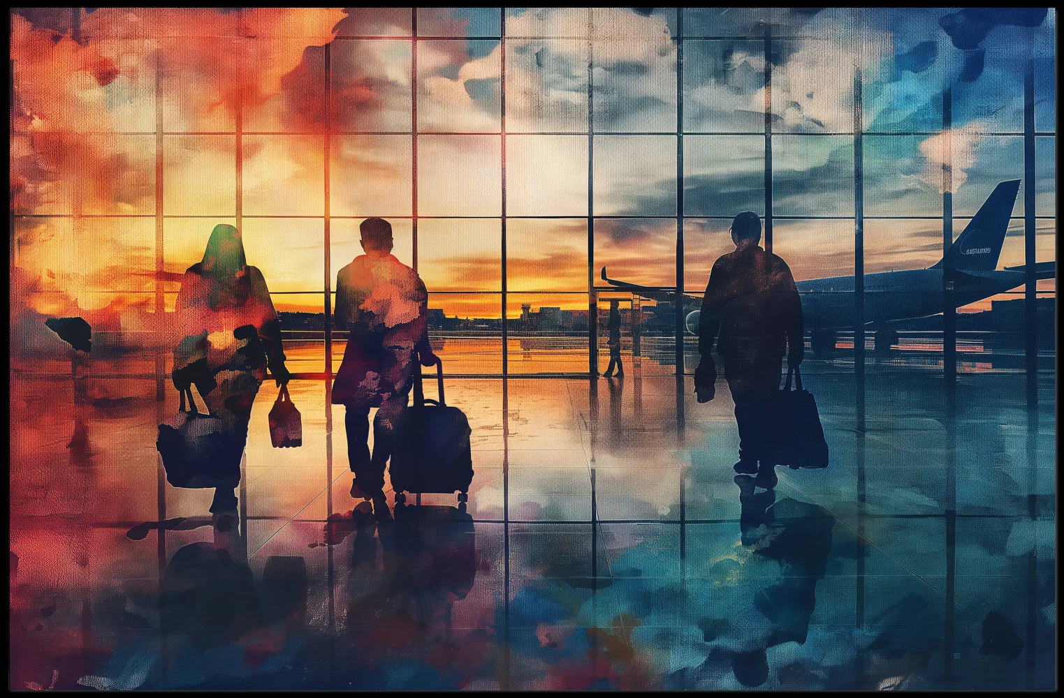 Airport Sunset Travelers: Abstract Watercolor Art Poster