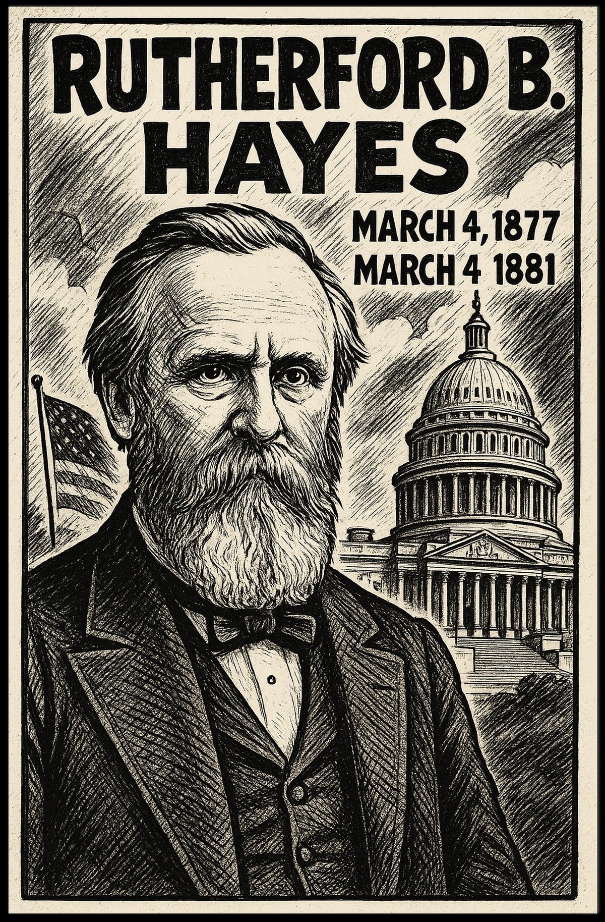 Rutherford B. Hayes 19th President of the United States B & W Comic Sketch Poster