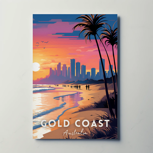 Gold Coast Australia Skyline Sunset Beach Travel Poster