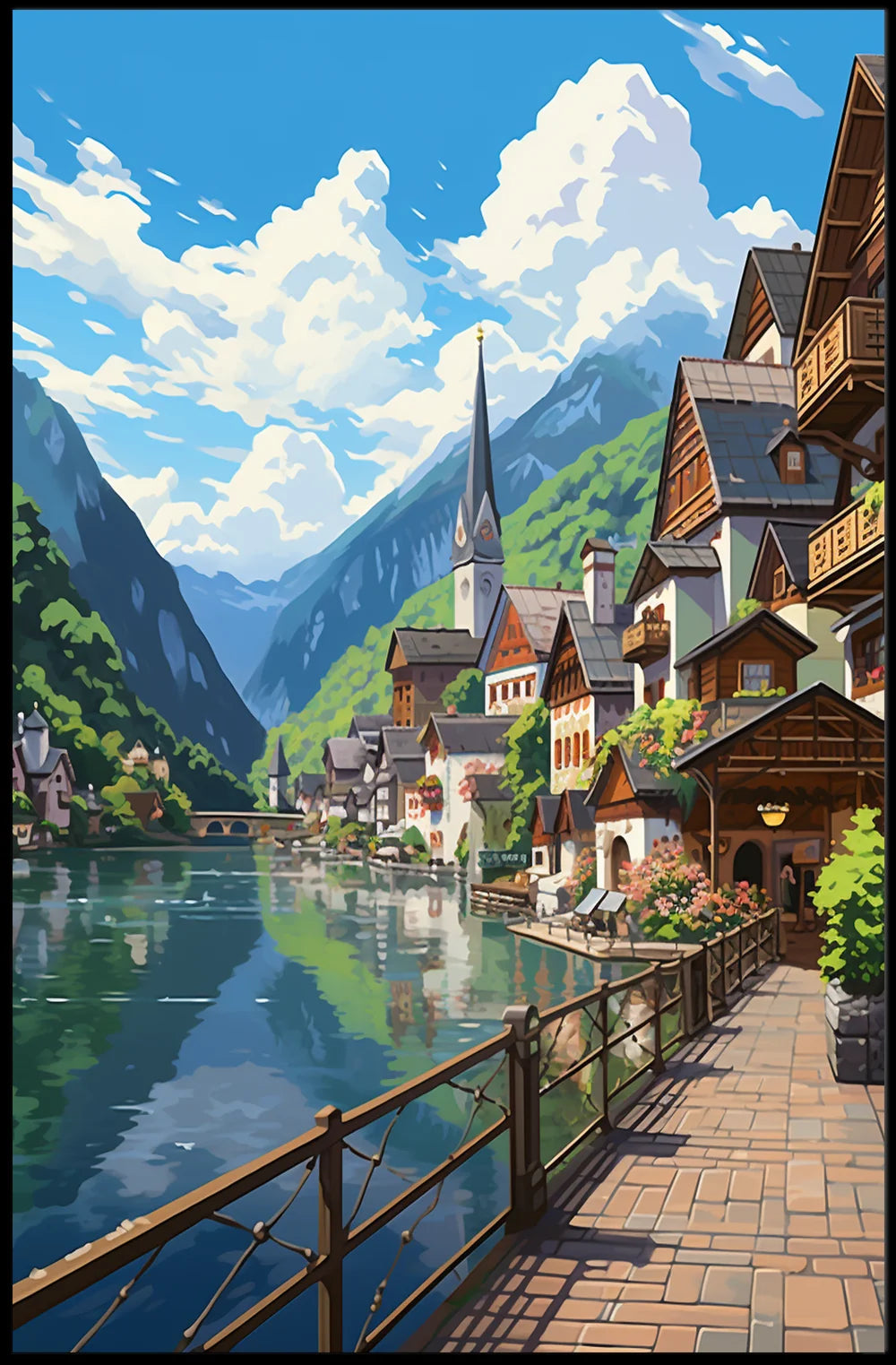 Picturesque European Lakeside Village Art Poster